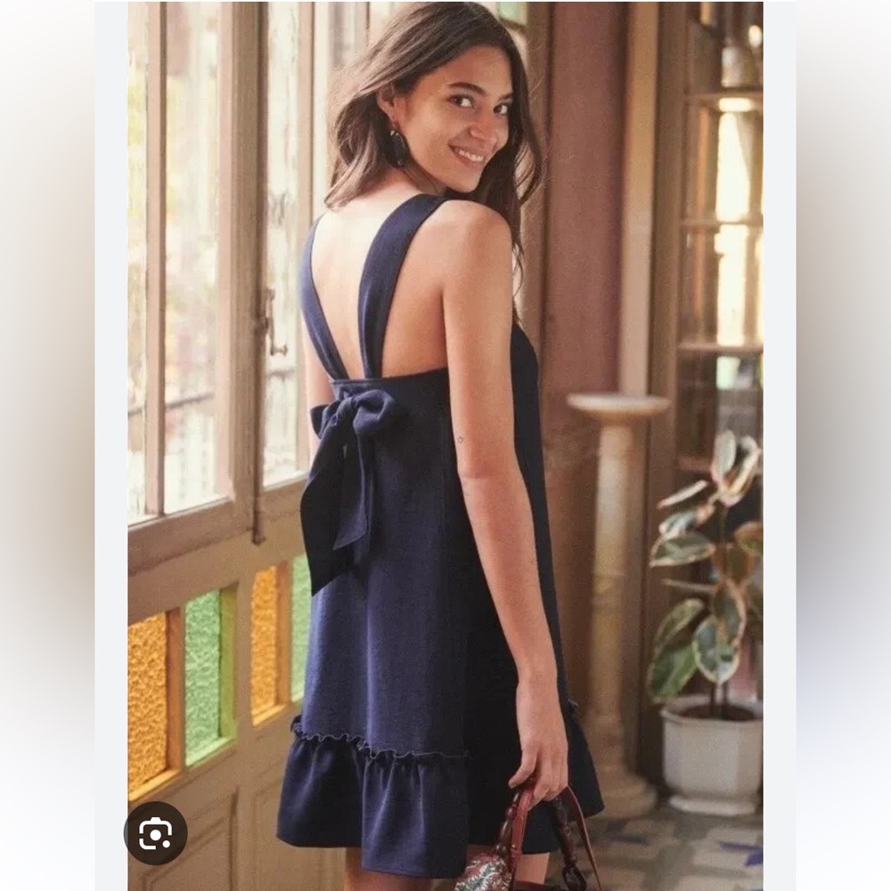 Sezane Navy Mathilde Tie Bow Back Flowy Dress
